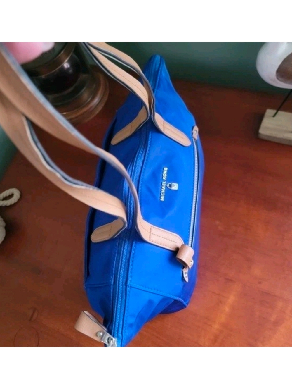 Michael Kors Kelsey Medium Tote Blue Tan Nylon Leather Bag - Picture 11 of 16